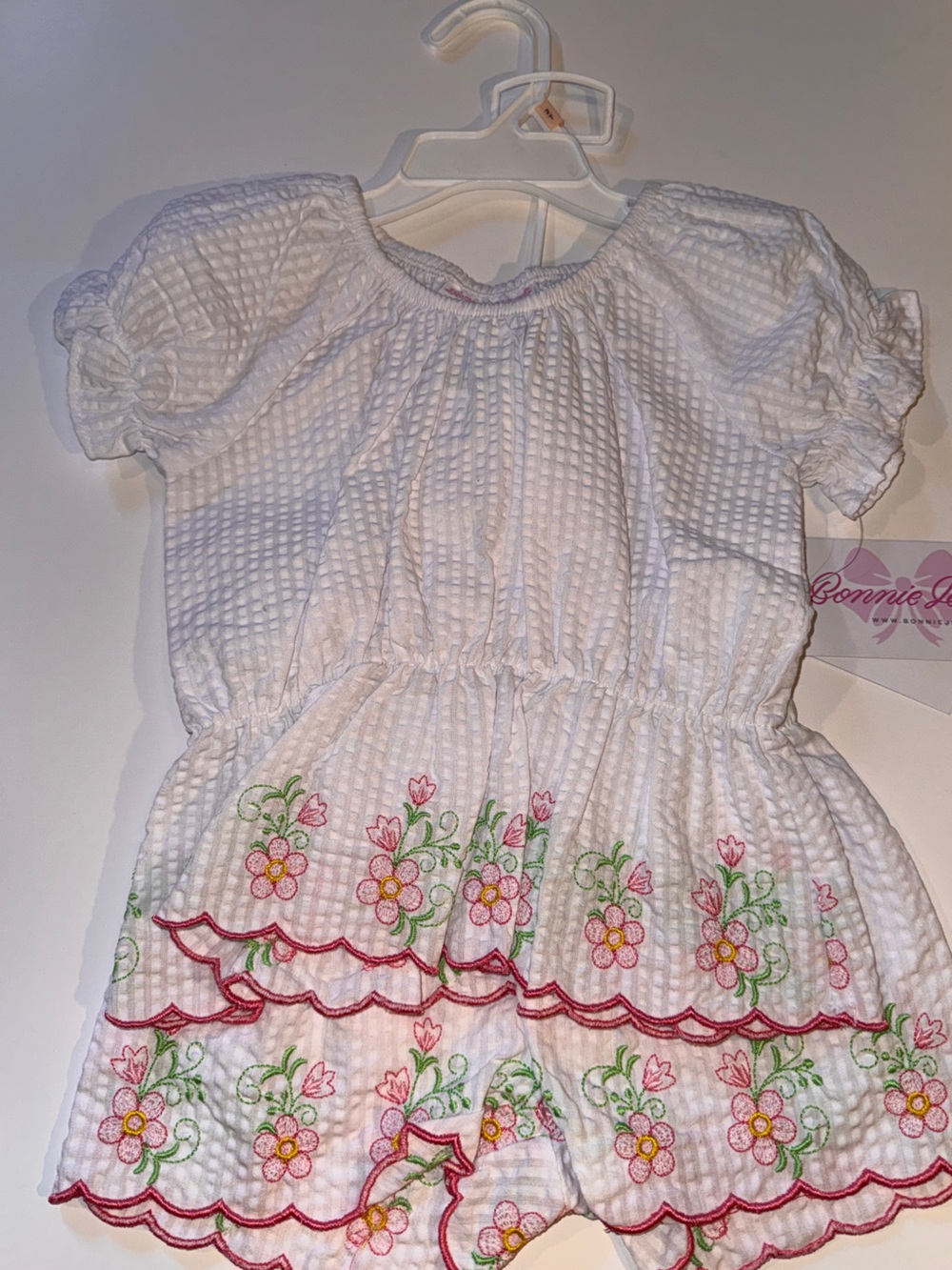 Bonnie Jean White Textured Top with Pink & Green Floral Embroidery